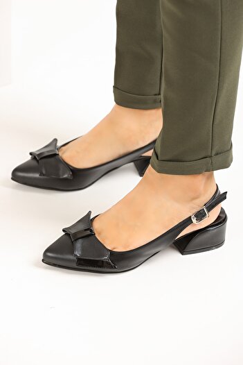 FORS SHOES Black Leather Bow Open Back Women's Heeled Shoes 3 Cm