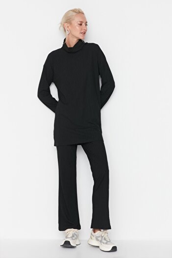 Trendyol Modest Black Turtleneck Tunic-Pants Knitted Set TCTAW23US00126