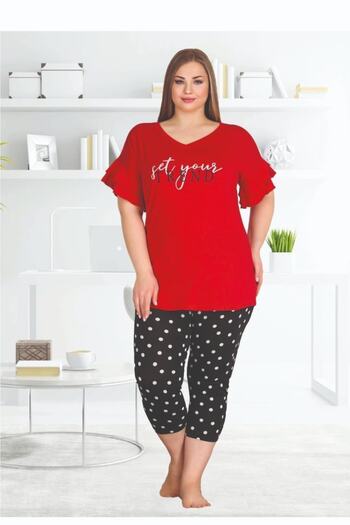 Truva XXL بدلة بيجامة كابري نسائية مقاس كبير منقط باللون الأحمر P10582