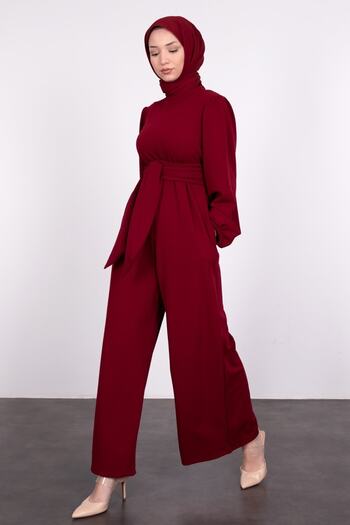 Lamia Giyim Wide Belt Wrapped Hijab Jumpsuit Claret Red