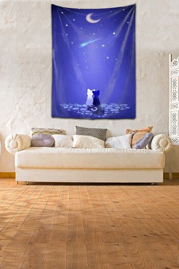on the clouds Cat Moon Patterned Washable Stain Resistant Micropetek Fabric Wall Cloth Wall Carpet Tapestry