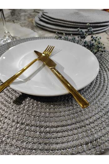GörSeç Placemat Runner Placemat 6 Pieces Gray Leather Detailed Cord Placemat Knitted Dowry Plate Coasters Fireproof