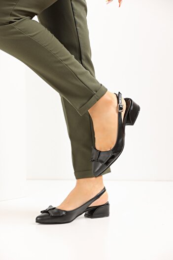 FORS SHOES Black Leather Bow Open Back Women's Heeled Shoes 3 Cm