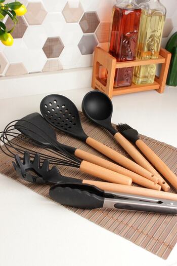 GalleonHome 7 Piece Bamboo Handle Silicone Ladle Spatula Kitchen Set