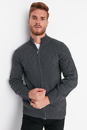 Trendyol Collection Μάλλινη πλεκτή ζακέτα ανθρακί - μισό ζιβάγκο, κλείσιμο με φερμουάρ, ανάγλυφη TMNAW22HI0146