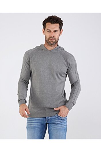 Çizgi Triko Men's Hooded Cotton Knitwear Gray Sweater Patterned Sleeve and Waist Elastic Woven Regular