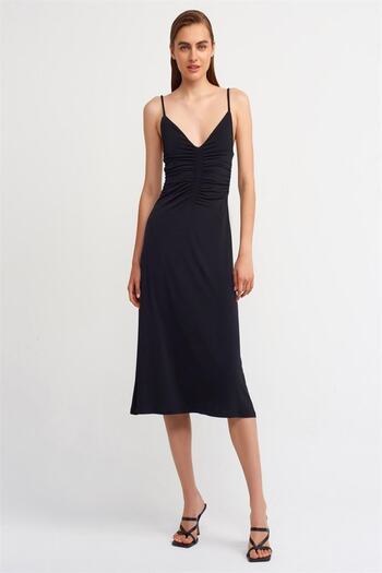 Dilvin Γυναικείο μακρύ φόρεμα Betty Black Gathered