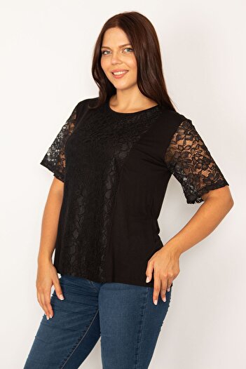 Şans Women's Large Size Black Lace Detailed Blouse 65n34187