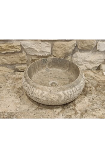 Polen Stone Traverten Silver Gümüş Taş Taraklı Silindir Lavabo
