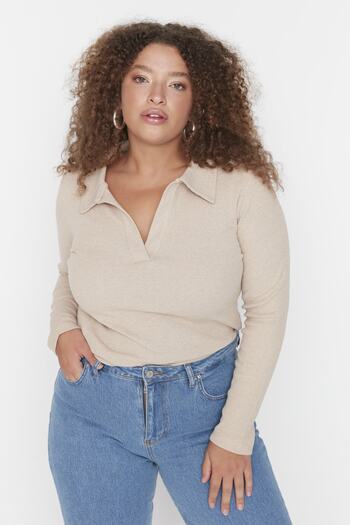Trendyol Curve Beige Fitted Ribbed Shirt Collar Snap Fastener Knitted Body TBBAW23CS00007