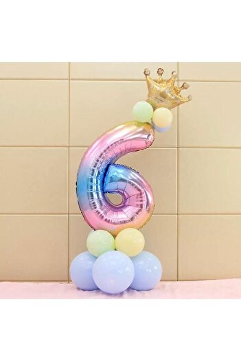 LOTUS PARTY مجموعة عيد ميلاد بعمر 6 سنوات من Rainbow Concept، بالونات من رقائق معدنية على شكل تاج الملك و10 بالونات معكرونة