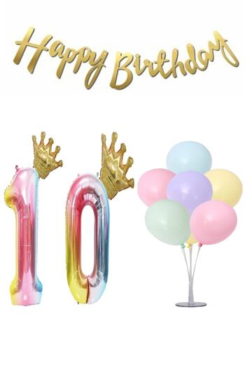 LOTUS PARTY Rainbow Concept 10 Year Old Birthday Set Figure King Crown Foil Balloon 7-Piece Balloon Stand + Balloon + Text