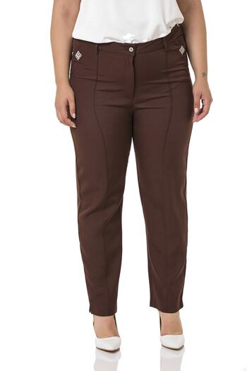 DISENTIS MODEST Large Size Narrow Leg Ribbed Stitched Leg Slit Zippered Brown Women's Trousers