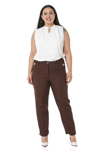 DISENTIS MODEST Large Size Narrow Leg Ribbed Stitched Leg Slit Zippered Brown Women's Trousers