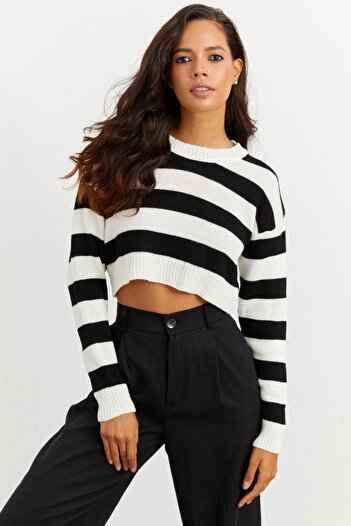 Cool & Sexy Pulover scurt cu dungi alb-negru pentru femei SF1538