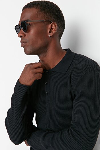 Trendyol Collection Polo Neck Slim Fit Knit Sweater - Black, Button, Cotton Tmnaw21Kz0567