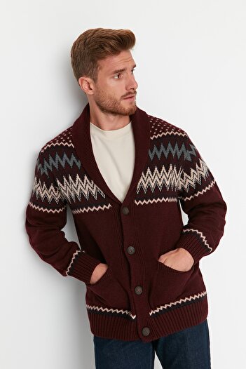 Trendyol Collection Claret Red Jacquard Slim Fit Knitwear Cardigan - Shawl Collar Tmnaw20Hi0034
