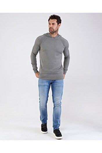Çizgi Triko Men's Hooded Cotton Knitwear Gray Sweater Patterned Sleeve and Waist Elastic Woven Regular