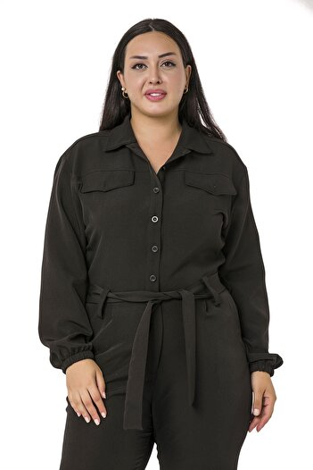 DISENTIS MODEST Large Size Black Women's Jumpsuit with Elastic Waist and Back Pockets, Belted Sleeve and Rubber Detail