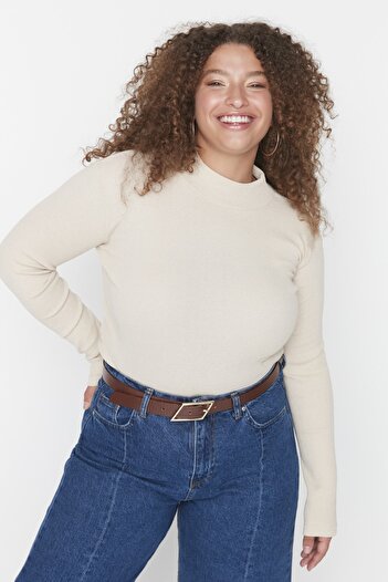 Trendyol Curve Beige Ribbed Plus Size Knitted Bodycon Blouse - Stand Collar Tbbaw23Af00003
