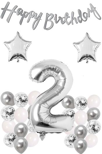 LOTUS PARTY Silver Concept 2 Year Old Birthday Set Number and Star Foil Balloon Banner and 24 Balloons and Stamps