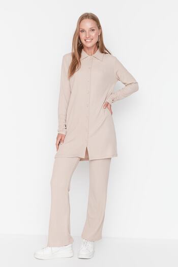 Trendyol Modest Beige Shirt-Pants Knitted Set TCTSS22US00037