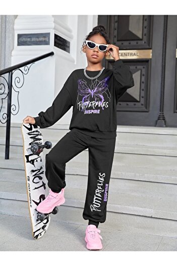 LePold Black Futterflies Butterfly Printed Girls Sweatshirt & Tracksuit