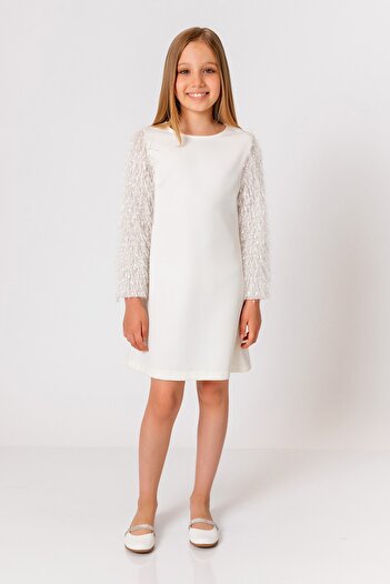 incity Girl's Ecru Sleeve Tassel Dress
