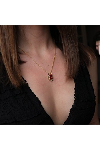 Moko Art Design Damla Kesim Garnet Taşlı Çift Başlı Yılan 925 Gümüş Altın Kaplama Kolye