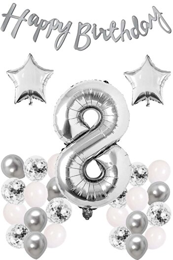 LOTUS PARTY مجموعة Silver Concept لعيد الميلاد بعمر 8 سنوات، لافتة بالونات من رقائق الأرقام والنجوم و24 بالونًا وطوابع