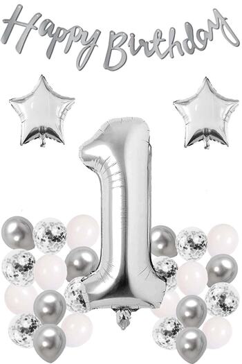 LOTUS PARTY Silver Concept 1 Year Old Birthday Set Number and Star Foil Balloon Banner and 24 Balloons and Stamps