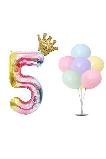 LOTUS PARTY مجموعة بالونات عيد ميلاد للأطفال بعمر 5 سنوات من Rainbow Concept، بالونات من رقائق معدنية على شكل تاج الملك مكونة من 7 حامل بالونات و7 بالونات