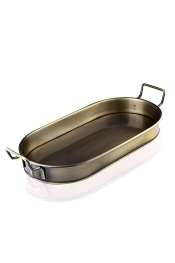 Çavdar Group Metal Kulplu Galvaniz Kulplu Oval Gold Kaplama 44 Cm Lüx Tepsi Kahvaltı Tepsisi Sunum Tepsisi