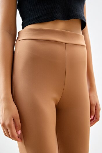 InStyle High Waist Flared Leg Double Fabric Trousers - Camel