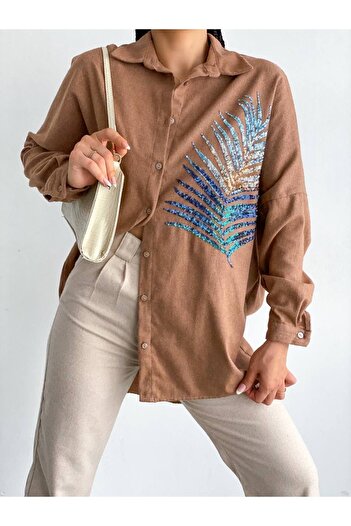 FancyWorld Knitted Stamp Fabric Leaf Patterned Sequin Embroidered Beige Shirt (winter)