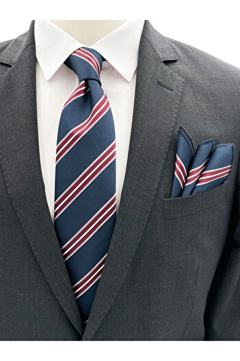 Brianze Σετ μαντήλι γραβάτα Navy Blue Claret Red White ριγέ