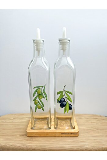 Serin Bardak Square Glass Oil Pot with Double Wooden Base