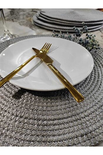 serahsap37 4 Pieces of Gray Leather Detailed Placemat 4-Piece Runner Plate Presentation Set Cotton Wicker Dowry Set