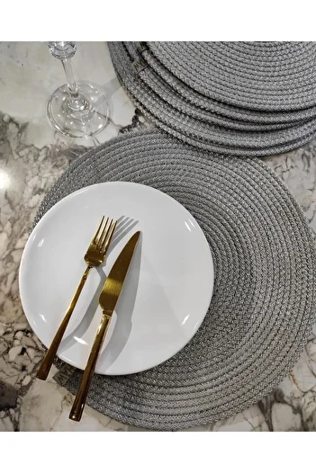 serahsap37 4 Pieces of Gray Leather Detailed Placemat 4-Piece Runner Plate Presentation Set Cotton Wicker Dowry Set