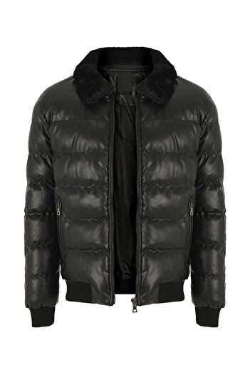 Oliggopol Ανδρικό μαύρο γούνινο γιακά Slim Fit Puffer Δερμάτινο μπουφάν & παλτό