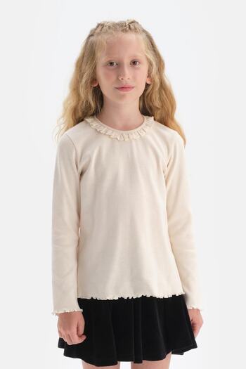 Dagi Ecru Long Sleeve Crew Neck Ribbed T-Shirt with Embroidery Garnish on the Collar