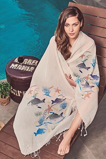 Dosimira Balıklı Pamuk Büyük Şal 75x200 Cm