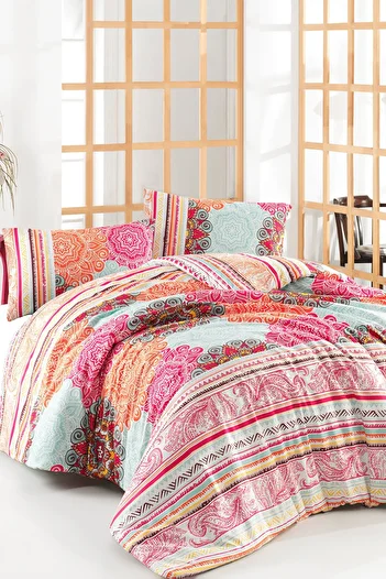 Evlen Home Collection طقم ملاءات مزدوجة قطن فيلا فوشيا منقوش