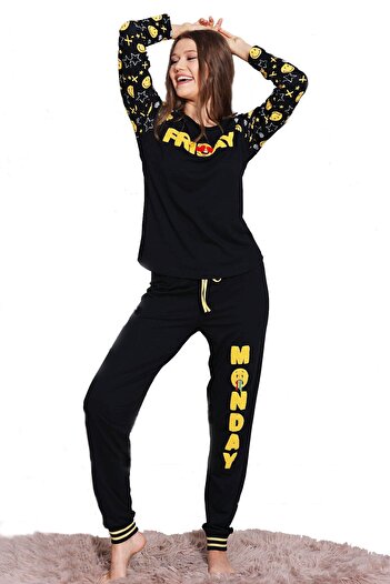 VİENETTA Black Women's Crew Neck Long Sleeve Cuffed Two Thread Cotton Tracksuit 3687