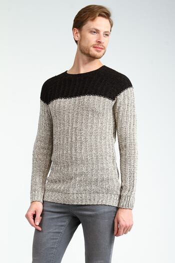 Collezione Brown Crew Neck Stripe Embossed Long Sleeve Men's Sweater