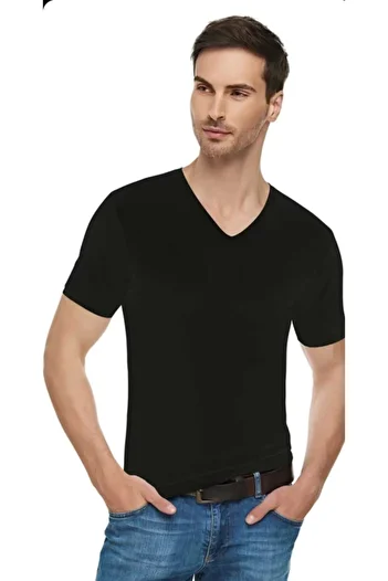 Tutku Elit Men's 3-Piece Black Elestan Cotton V-Neck Short Sleeve Bodysuit 1303