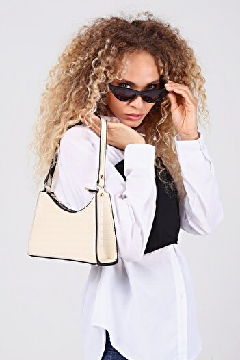 Güce Cream Croco Patterned Baguette Baguette Hand and Shoulder Bag Gc 009011 K