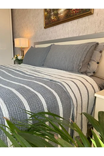 YASEMİNİNEVİ Gray/Anthracite Striped King Size Muslin Bedspread/Pique
