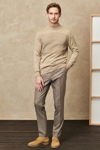 AC&Co / Altınyıldız Classics Men's Beige Non-Pilling Standard Fit Normal Cut Half Turtleneck Stripe Textured Knitwear Sweater