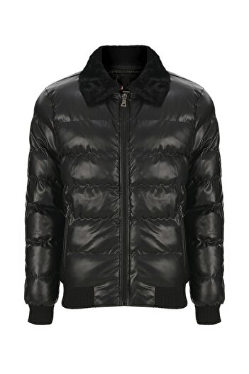 Oliggopol Ανδρικό μαύρο γούνινο γιακά Slim Fit Puffer Δερμάτινο μπουφάν & παλτό